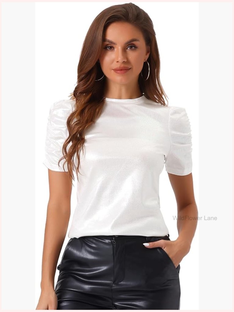 Women's Metallic Glitter Party Top Puff Sleeve Stretch Sparkly T-Shirt